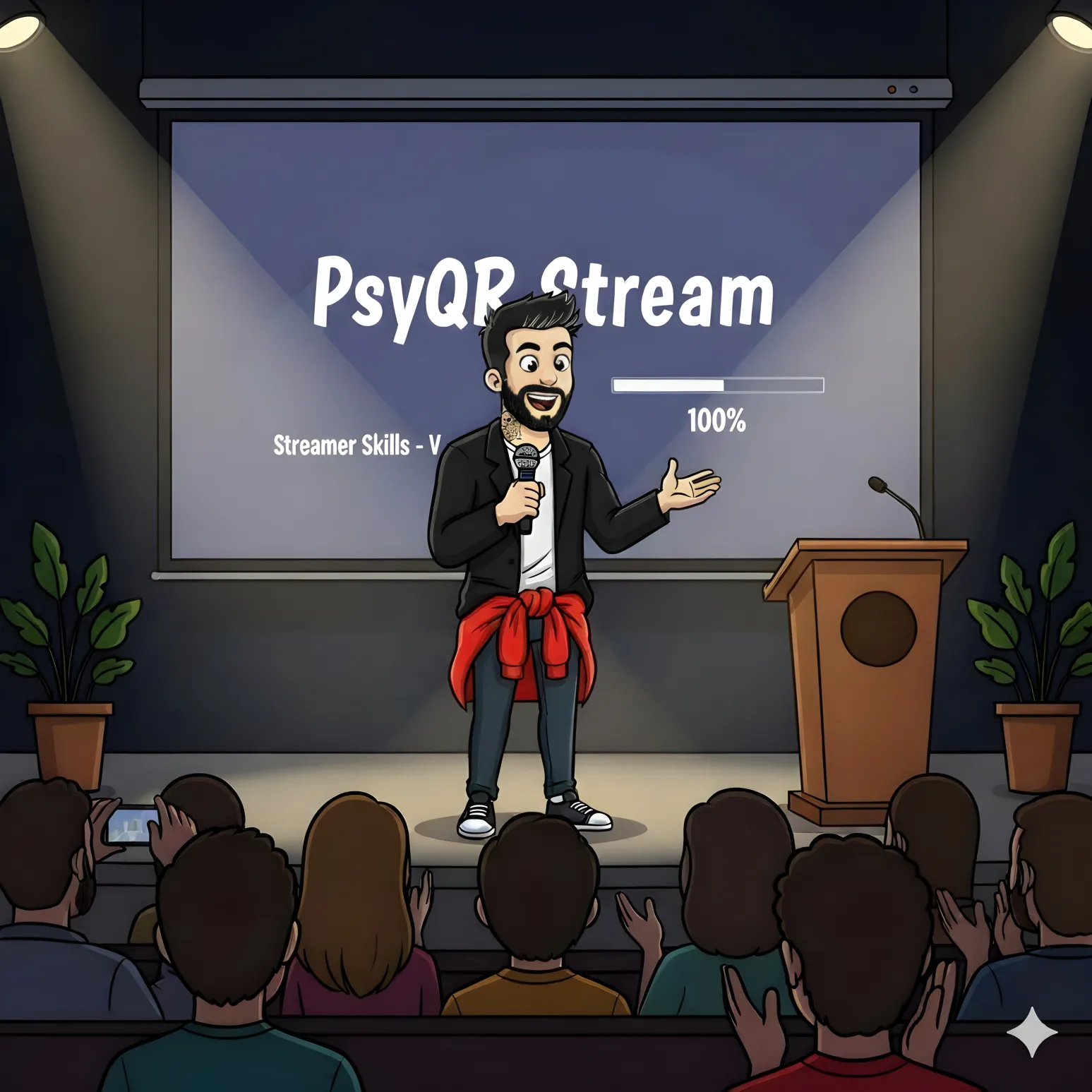 PsyQR speaking confidently on stage